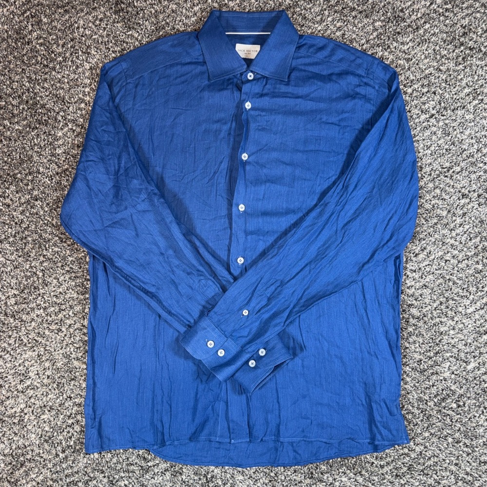 Jack Victor Size L Mens Blue Silk Blend Herringbone Long Sleeve Button Up Shirt